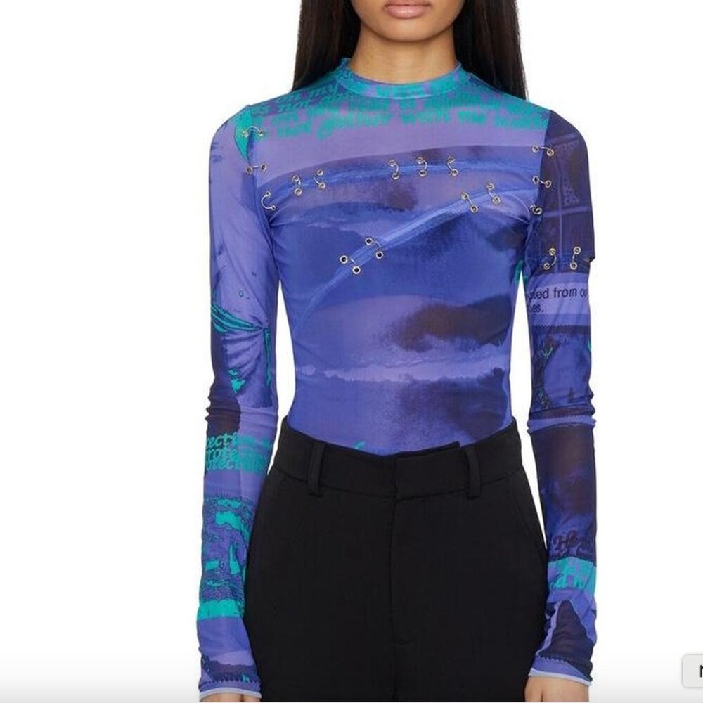 Danielle Guizio Pierced Sheer Long Sleeve Mesh Top